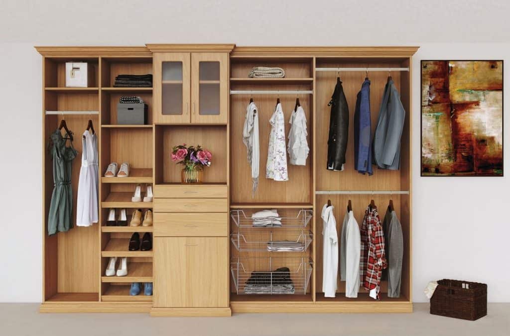 Everyday Closets collection in light wood finish.