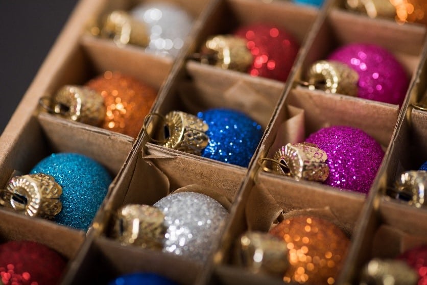 A box of nicely organized holiday decorations.