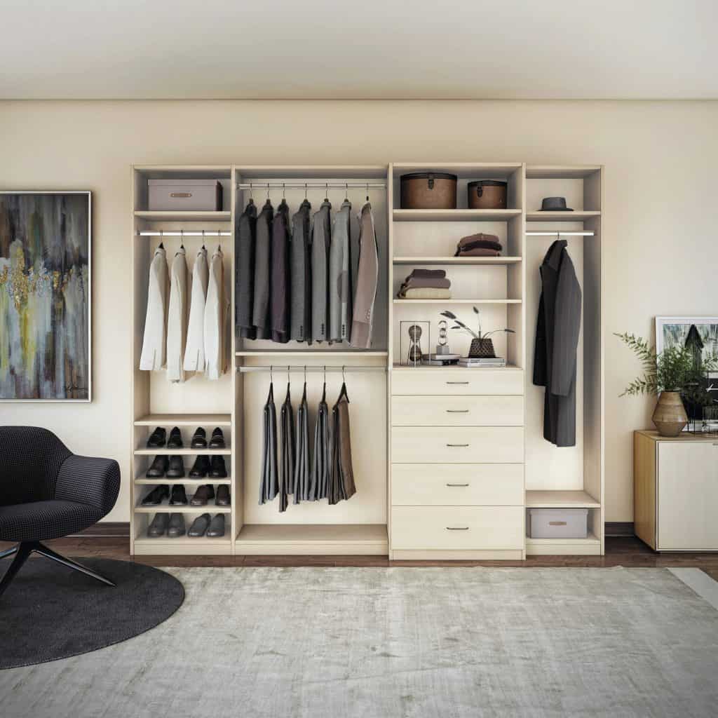 A custom closet system with straight shoe shelves.